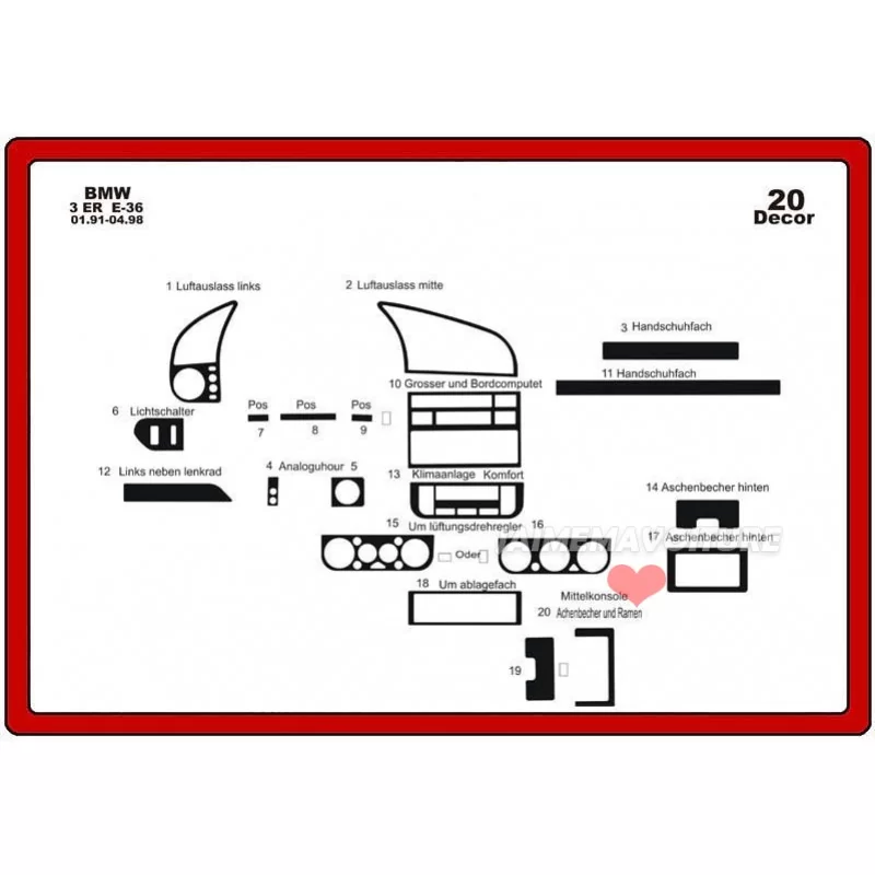 Inserto per cruscotto BMW Serie 3 E36 20 pezzi Inserto per cruscotto BMW Serie 3 E36 20 pezzi