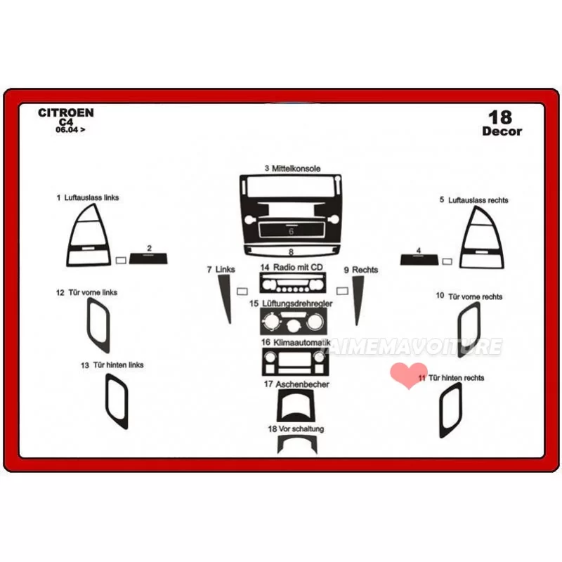 Insert tableau de bord CITROEN C4 2004-2010 18 pièces