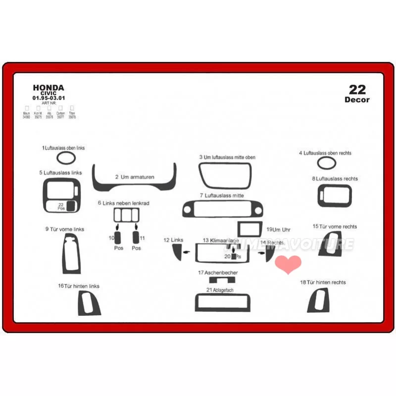 Insert tableau de bord HONDA Civic 1995-2001 22 pièces