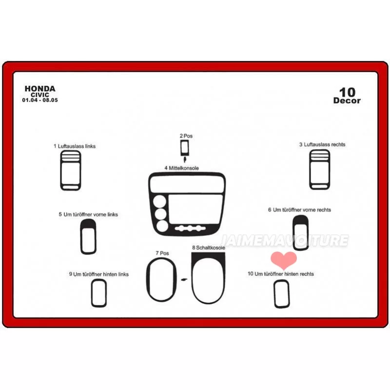 Insert tableau de bord HONDA Civic 2001-2006 10 pièces