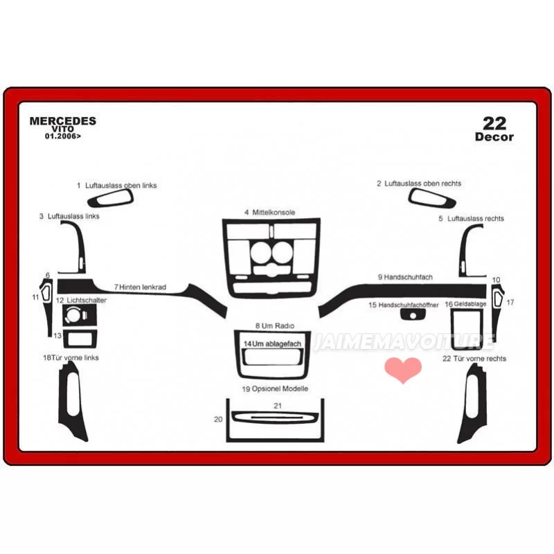 Insert tableau de bord MERCEDES Vito 2004-2006 22 pièces Insert tableau de bord MERCEDES Vito 2004-2006 22 pièces