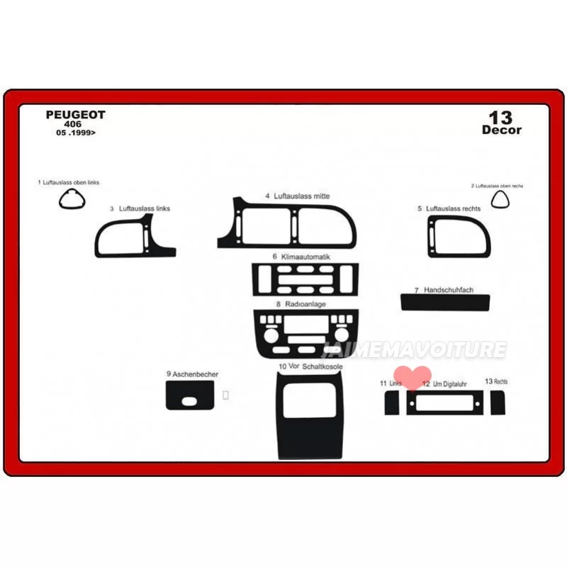Inserto de salpicadero PEUGEOT 406 1999-2005 13 piezas Inserto de salpicadero PEUGEOT 406 1999-2005 13 piezas