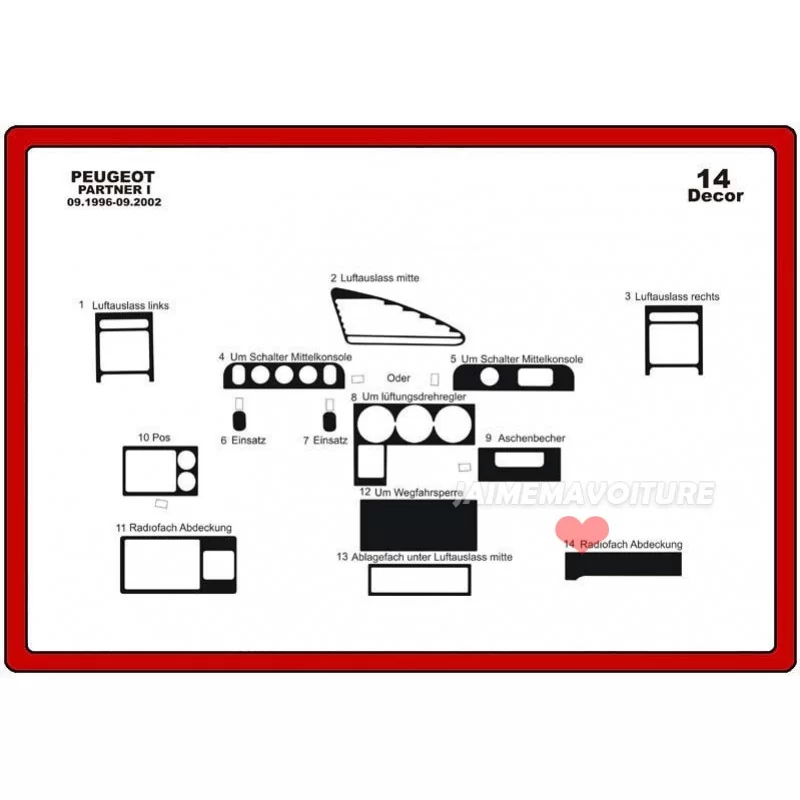 Dashboard insert PEUGEOT Partner 1996-2002 14 pieces