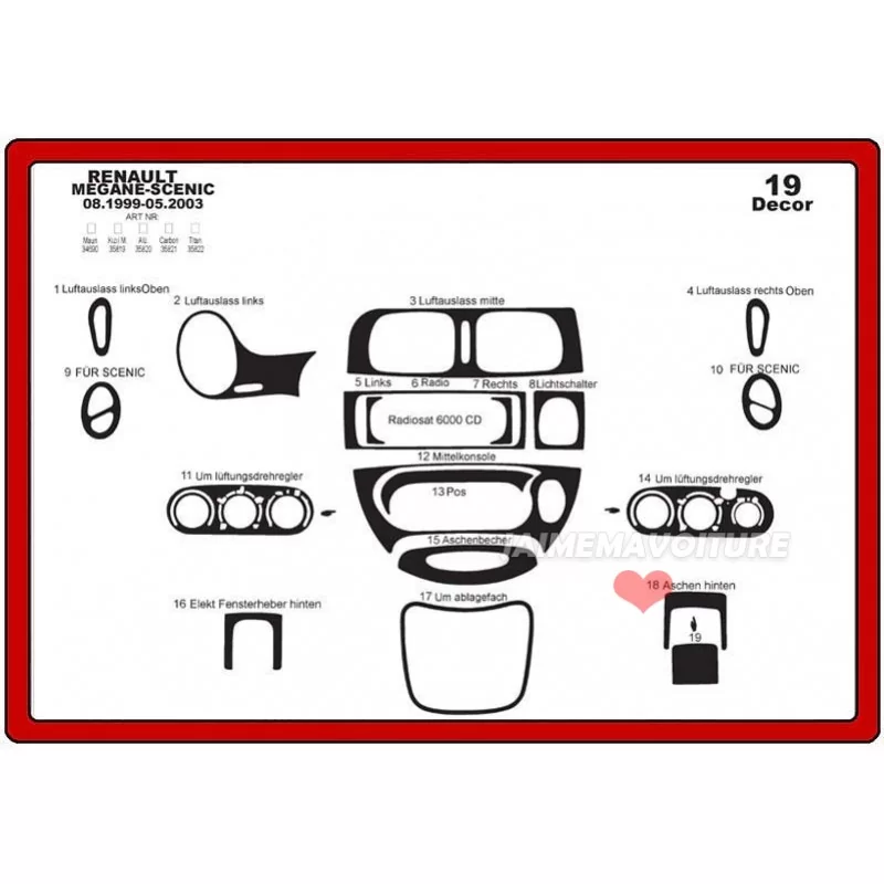 Insert tableau de bord RENAULT Megane Scenic I 19 pièces Insert tableau de bord RENAULT Megane Scenic I 19 pièces