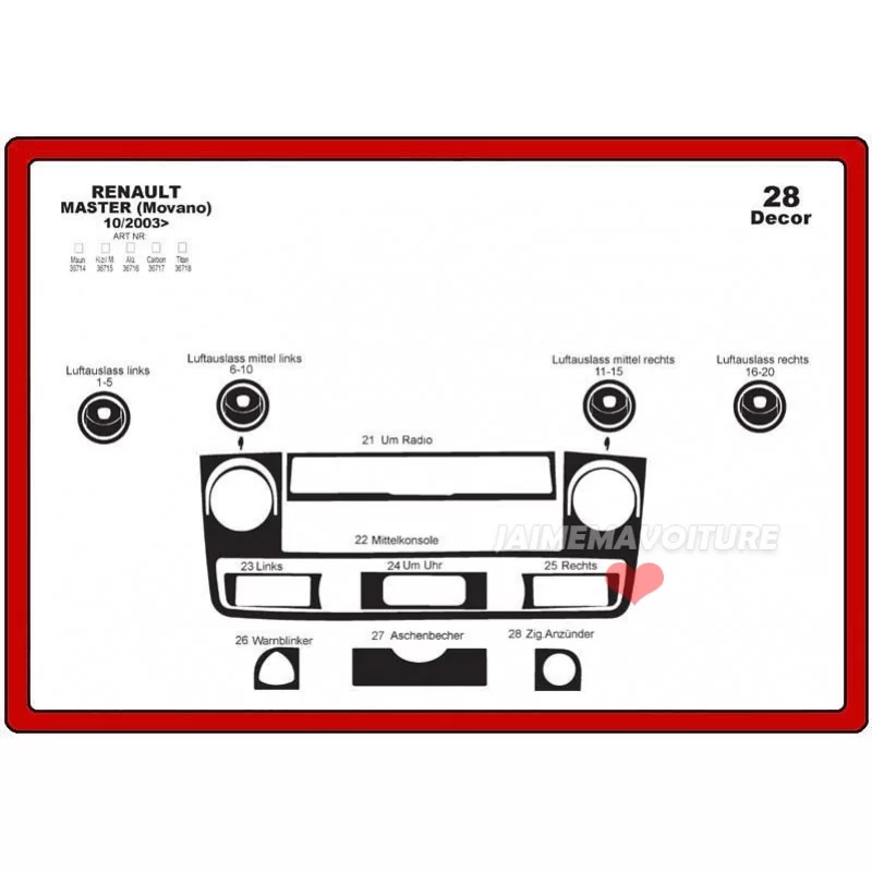 Insert tableau de bord RENAULT Master 2004-2009 28 pièces