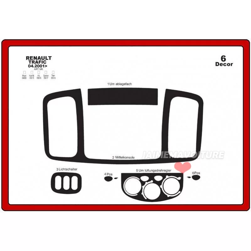 Insert tableau de bord RENAULT Traffic 2001-2006 6 pièces