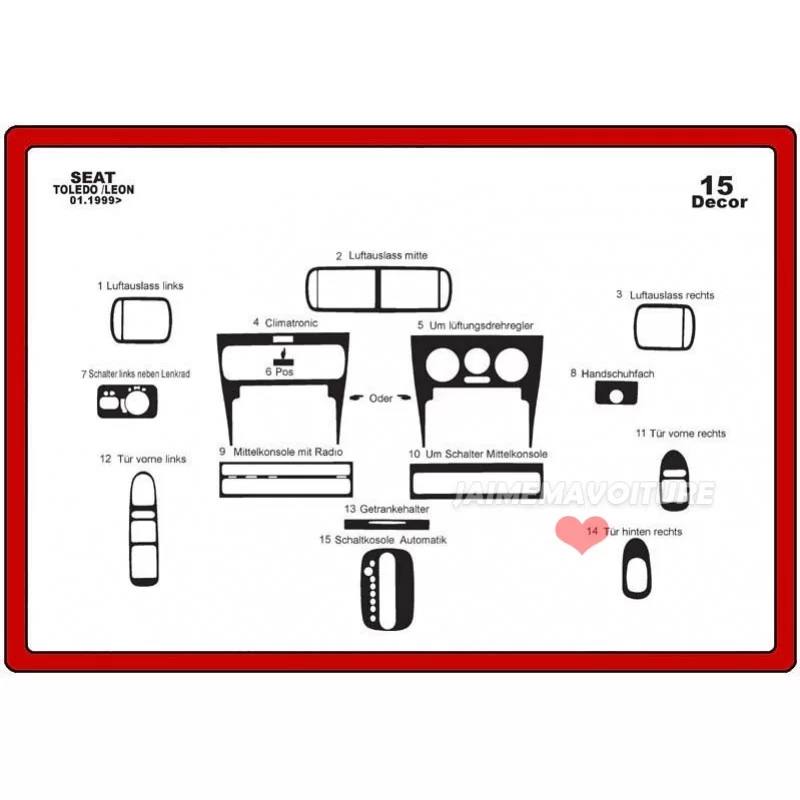 Insert tableau de bord SEAT Leon 1999-2004 15 pièces