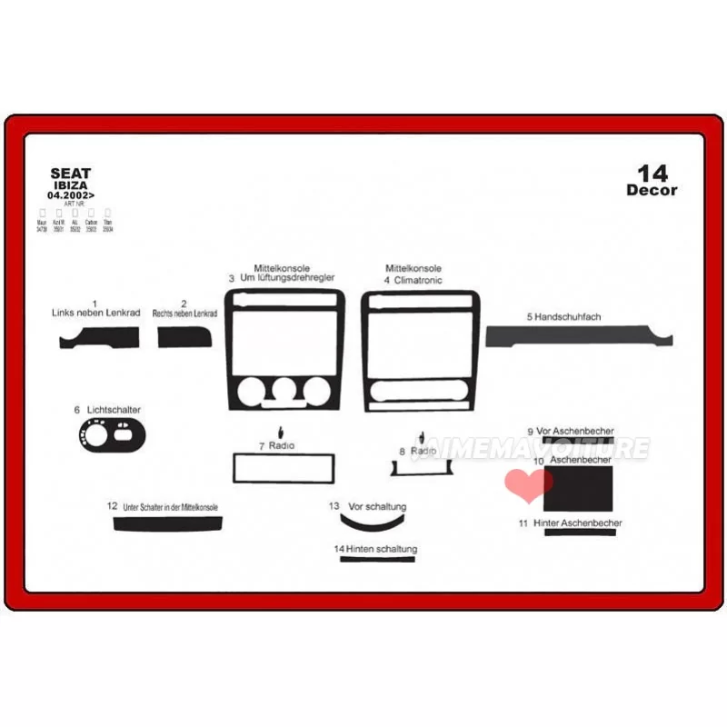 Insert tableau de bord SEAT Ibiza 2002-2007 14 pièces