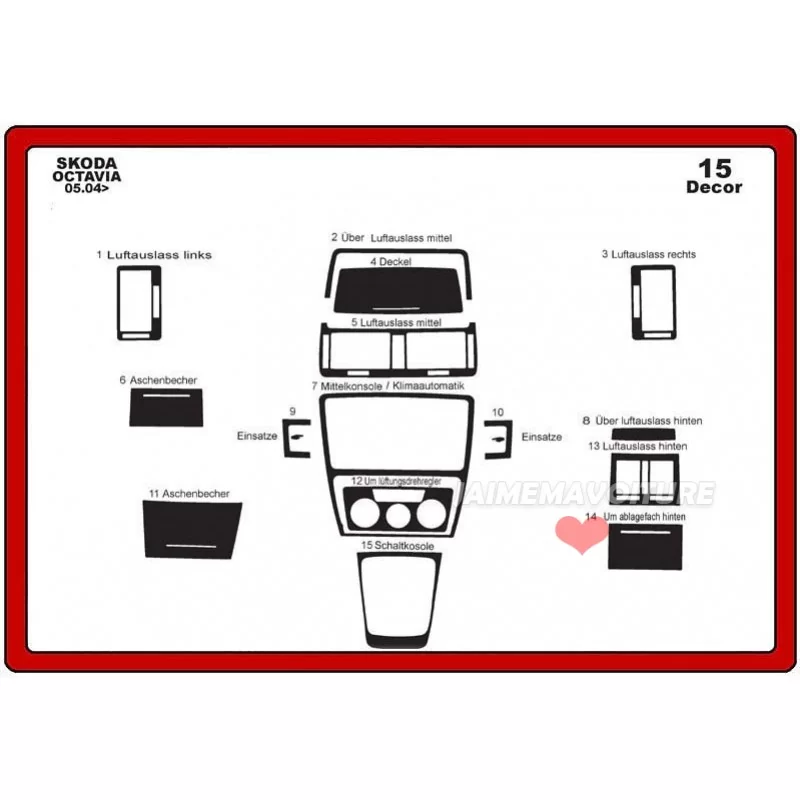 Insert tableau de bord SKODA Octavia 2004-2009 15 pièces