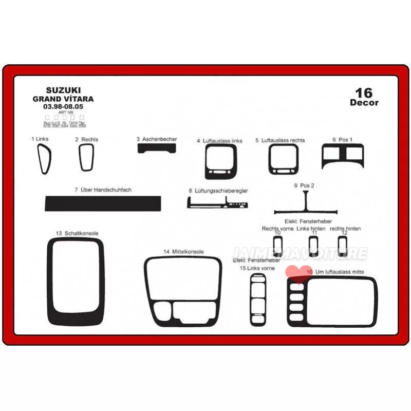 Insert tableau de bord SUZUKI Grand vitara 1998-2005 16 pièces Insert tableau de bord SUZUKI Grand vitara 1998-2005 16 pièces