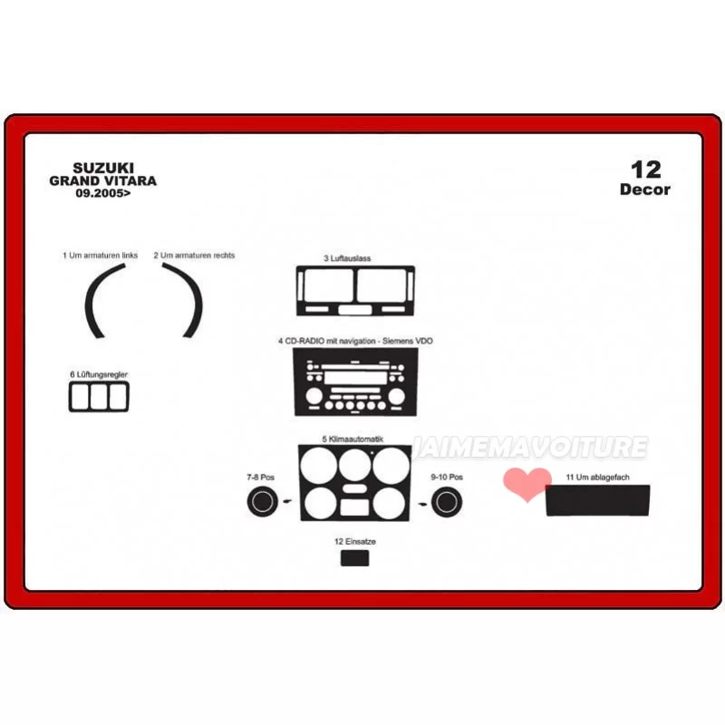 Insert tableau de bord SUZUKI Grand vitara 2005- 12 pièces Insert tableau de bord SUZUKI Grand vitara 2005- 12 pièces