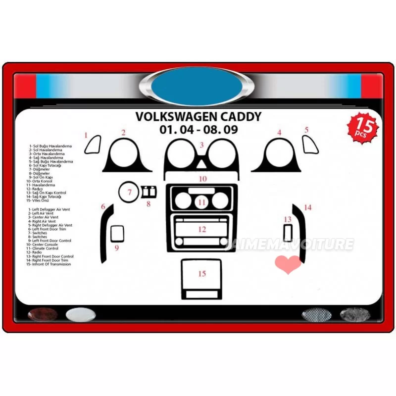 Insert tableau de bord VOLKSWAGEN Caddy 2004-2009 16 pièces