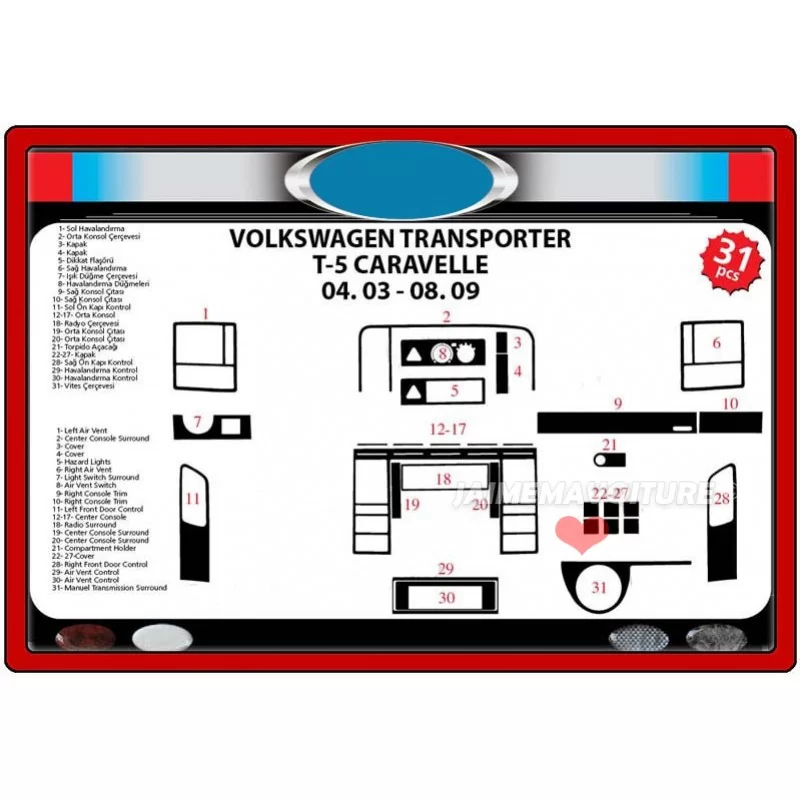 Inserto de salpicadero VOLKSWAGEN T5 Carevelle 2003-2009 31 piezas