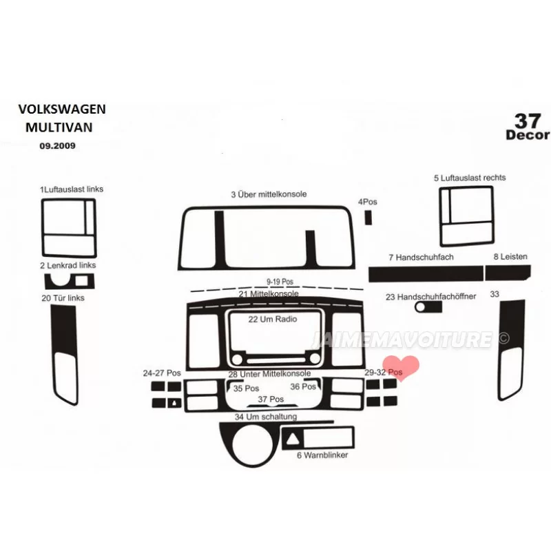 Insert tableau de bord VOLKSWAGEN Multivan T5 2009- 37 pièces