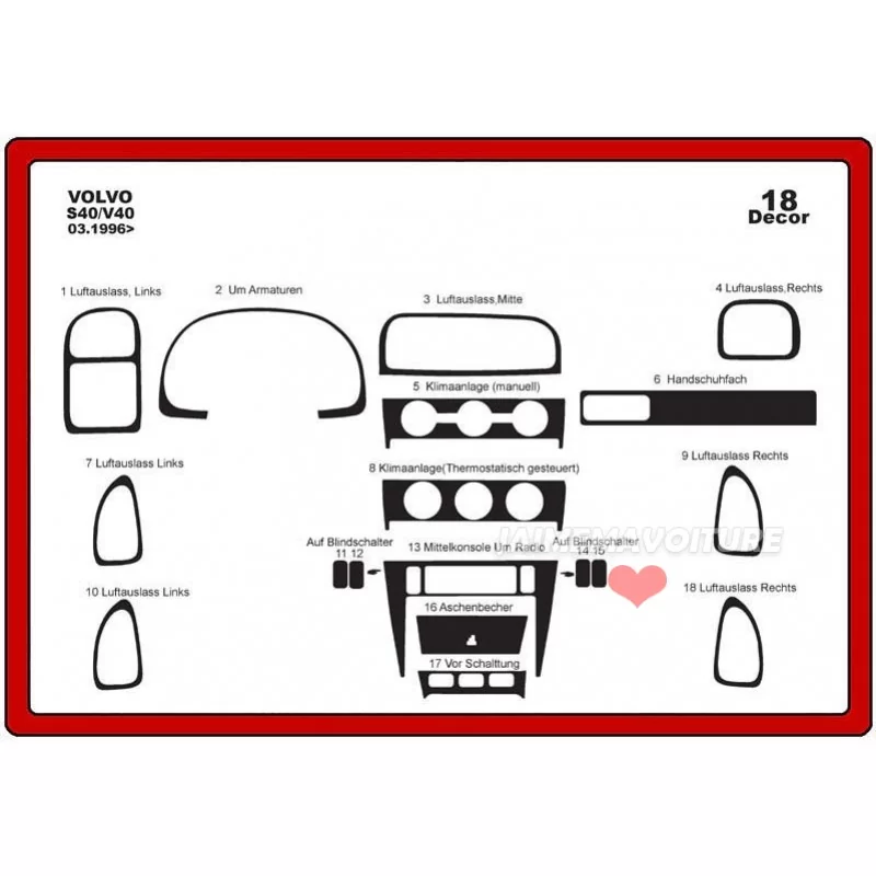 Inserto de salpicadero VOLVO S 40 / V 40 1996-2000 18 piezas Inserto de salpicadero VOLVO S 40 / V 40 1996-2000 18 piezas