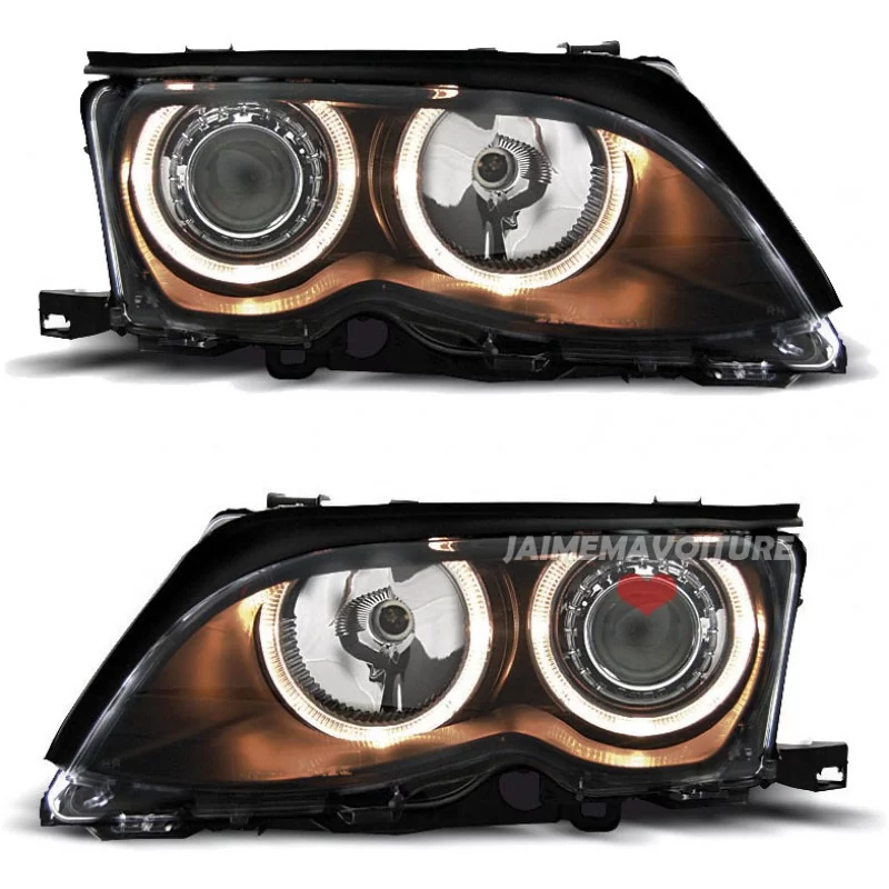 Phares avants Angel eyes pour BMW E46 Berline phase 2 Noir Phares avants Angel eyes pour BMW E46 Berline phase 2 Noir