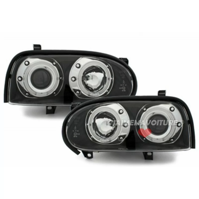 Phares avants noirs Angel eyes pour VW Golf 3 1991-1997