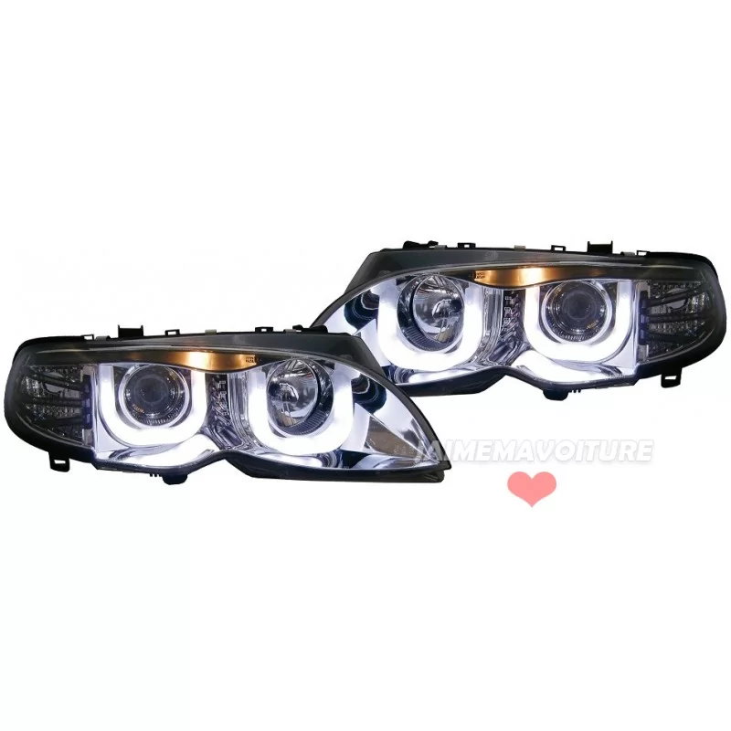 Phares avants leds BMW Série 3 E46 anneaux carrés blancs Phares avants leds BMW Série 3 E46 anneaux carrés blancs